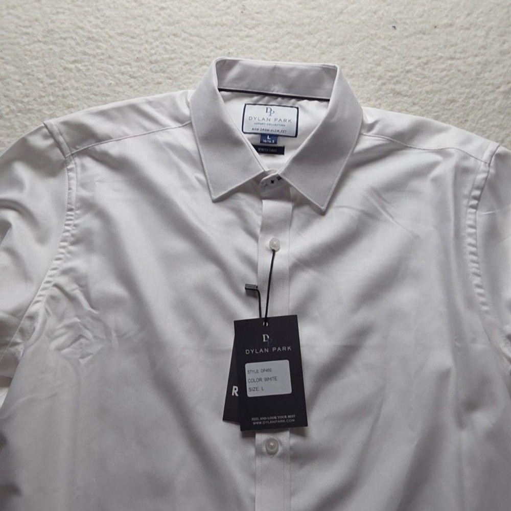 Dylan Park Dress Shirt Mens L 16.5 White Solid Slim Fit Non Iron Stretch LS